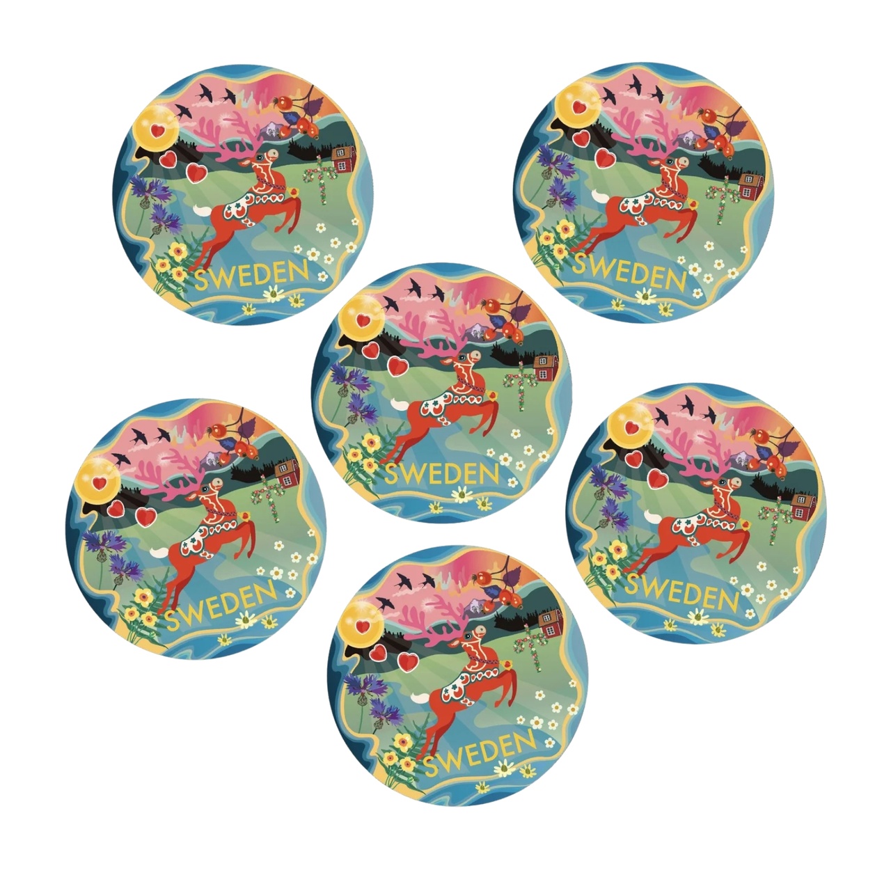 Glasunderlägg Dala deer Sweden 6-pack